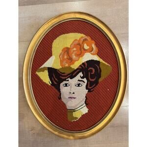 VTG Framed Needlepoint Art - Woman with Floral Hat Embroidery Piece Oval Frame